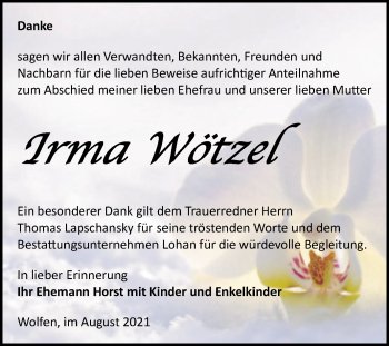 Traueranzeige von Irma Wötzel von Trauerkombi Bitterfeld