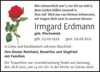 Traueranzeige von Irmgard Erdmann von Mitteldeutsche Zeitung Halle/Saalkreis