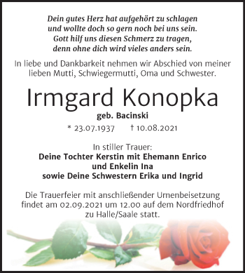 Traueranzeige von Irmgard Konopka von Mitteldeutsche Zeitung Halle/Saalkreis