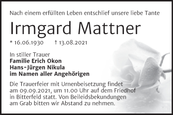 Traueranzeige von Irmgard Mattner von Trauerkombi Bitterfeld