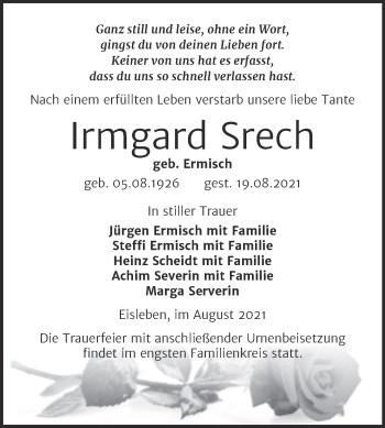 Traueranzeige von Irmgard Srech von Trauerkombi Mansfelder Land