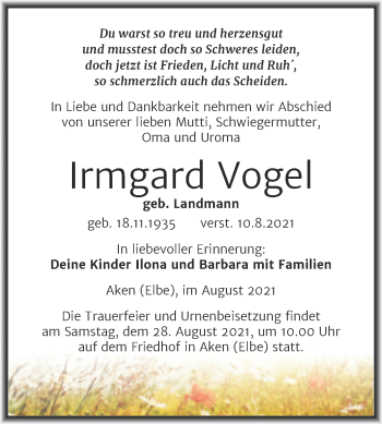 Traueranzeige von Irmgard Vogel von Trauerkombi Köthen