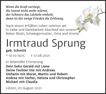 Traueranzeige von Irmtraud Sprung von Trauerkombi Weißenfels