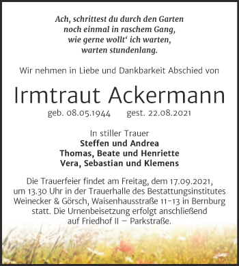 Traueranzeige von Irmtraut Ackermann von Trauerkombi Bernburg