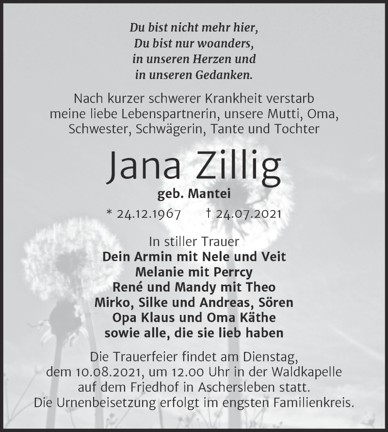  Traueranzeige für Jana Zillig vom 31.07.2021 aus Trauerkombi Aschersleben