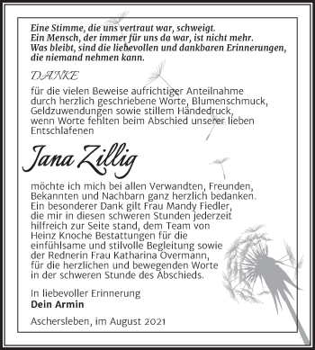 Traueranzeige von Jana Zillig von Trauerkombi Aschersleben