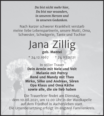 Traueranzeige von Jana Zillig von Trauerkombi Aschersleben