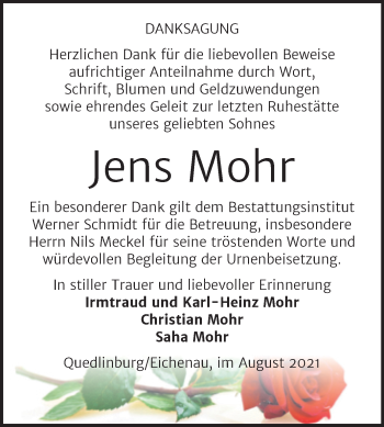Traueranzeige von Jens Mohr von Trauerkombi Quedlinburg