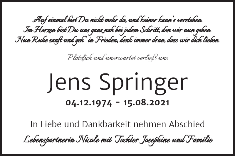  Traueranzeige für Jens Springer vom 28.08.2021 aus Trauerkombi Dessau
