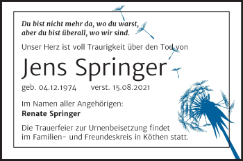 Traueranzeige von Jens Springer von Trauerkombi Köthen