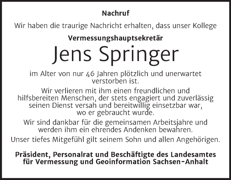  Traueranzeige für Jens Springer vom 31.08.2021 aus Mitteldeutsche Zeitung Dessau-Roßlau