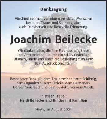 Traueranzeige von Joachim Beilecke von Trauerkombi Sangerhausen