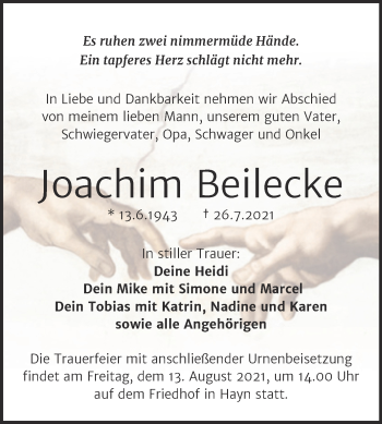 Traueranzeige von Joachim Beilecke von Trauerkombi Sangerhausen