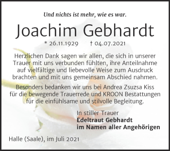 Traueranzeige von Joachim Gebhardt von Mitteldeutsche Zeitung Halle/Saalkreis