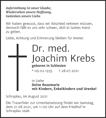 Traueranzeige von Joachim Krebs von Trauerkombi Merseburg