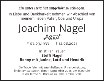 Traueranzeige von Joachim Nagel von Mitteldeutsche Zeitung Halle/Saalkreis