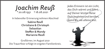 Traueranzeige von Joachim Reuß von Trauerkombi Mansfelder Land