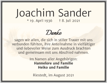 Traueranzeige von Joachim Sander von Trauerkombi Sangerhausen