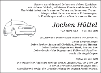 Traueranzeige von Jochen Hüttel von Trauerkombi Sangerhausen