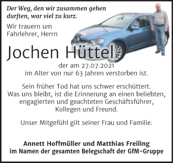 Traueranzeige von Jochen Hüttel von Super Sonntag Sangerhausen