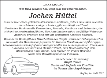 Traueranzeige von Jochen Hüttel von Trauerkombi Sangerhausen