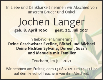 Traueranzeige von Jochen Langer von Trauerkombi Weißenfels