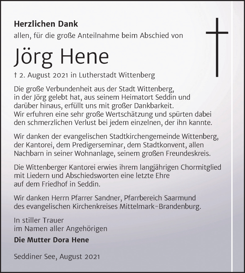  Traueranzeige für Jörg Hene vom 28.08.2021 aus Trauerkombi Wittenberg