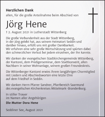 Traueranzeige von Jörg Hene von Trauerkombi Wittenberg
