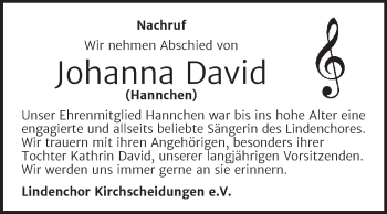 Traueranzeige von Johanna David von Wochenspiegel Naumburg/Nebra