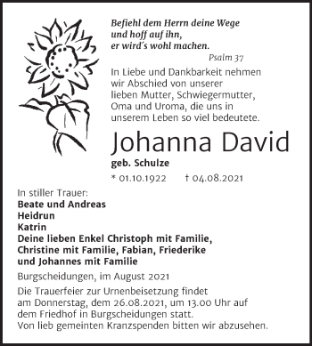 Traueranzeige von Johanna David von Naumburger Tageblatt