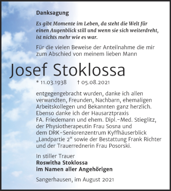 Traueranzeige von Josef Stoklossa von Trauerkombi Sangerhausen