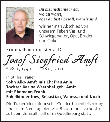Traueranzeige von Josef Siegfried Amft von Trauerkombi Quedlinburg