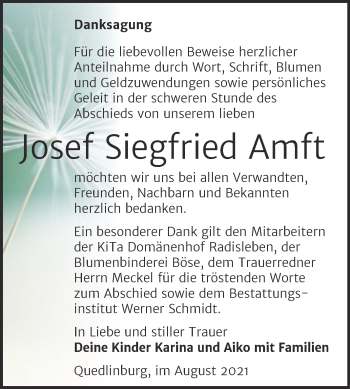 Traueranzeige von Josef Siegfried Amft von Trauerkombi Quedlinburg