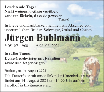 Traueranzeige von Jürgen Buhlmann von Trauerkombi Sangerhausen