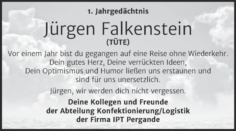  Traueranzeige für Jürgen Falkenstein vom 13.08.2021 aus Trauerkombi Köthen