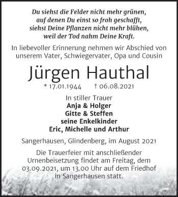 Traueranzeige von Jürgen Hauthal von Trauerkombi Sangerhausen