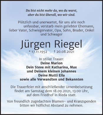 Traueranzeige von Jürgen Riegel von Trauerkombi Bitterfeld