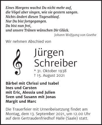 Traueranzeige von Jürgen Schreiber von Mitteldeutsche Zeitung Halle/Saalkreis