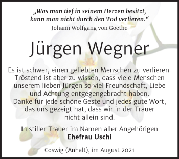 Traueranzeige von Jürgen Wegner von Trauerkombi Wittenberg