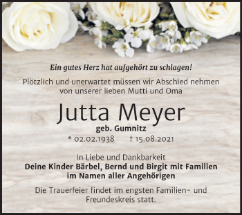 Traueranzeige von Jutta Meyer von Trauerkombi Dessau