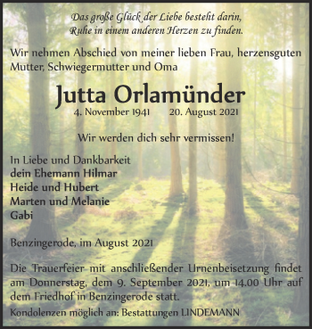 Traueranzeige von Jutta Orlamünder von Trauerkombi Quedlinburg