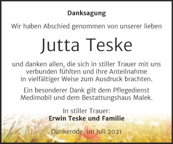 Traueranzeige von Jutta Teske von Trauerkombi Quedlinburg