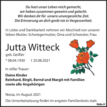 Traueranzeige von Jutta Witteck von Trauerkombi Weißenfels