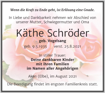 Traueranzeige von Käthe Schröder von Trauerkombi Köthen