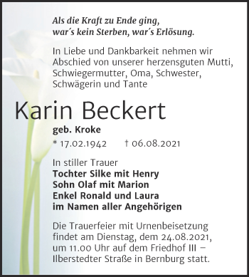 Traueranzeige von Karin Beckert von Trauerkombi Bernburg