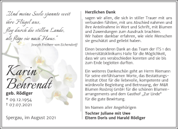 Traueranzeige von Karin Behrendt von Trauerkombi Merseburg