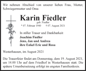 Traueranzeige von Karin Fiedler von Trauerkombi Quedlinburg