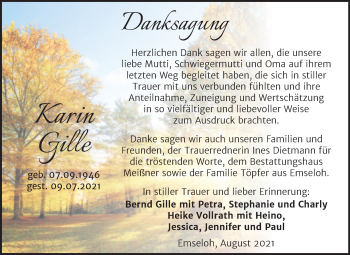 Traueranzeige von Karin Gille von Trauerkombi Sangerhausen