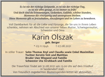 Traueranzeige von Karin Olszak von Trauerkombi Bitterfeld