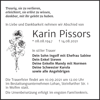 Traueranzeige von Karin Pissors von Trauerkombi Bitterfeld